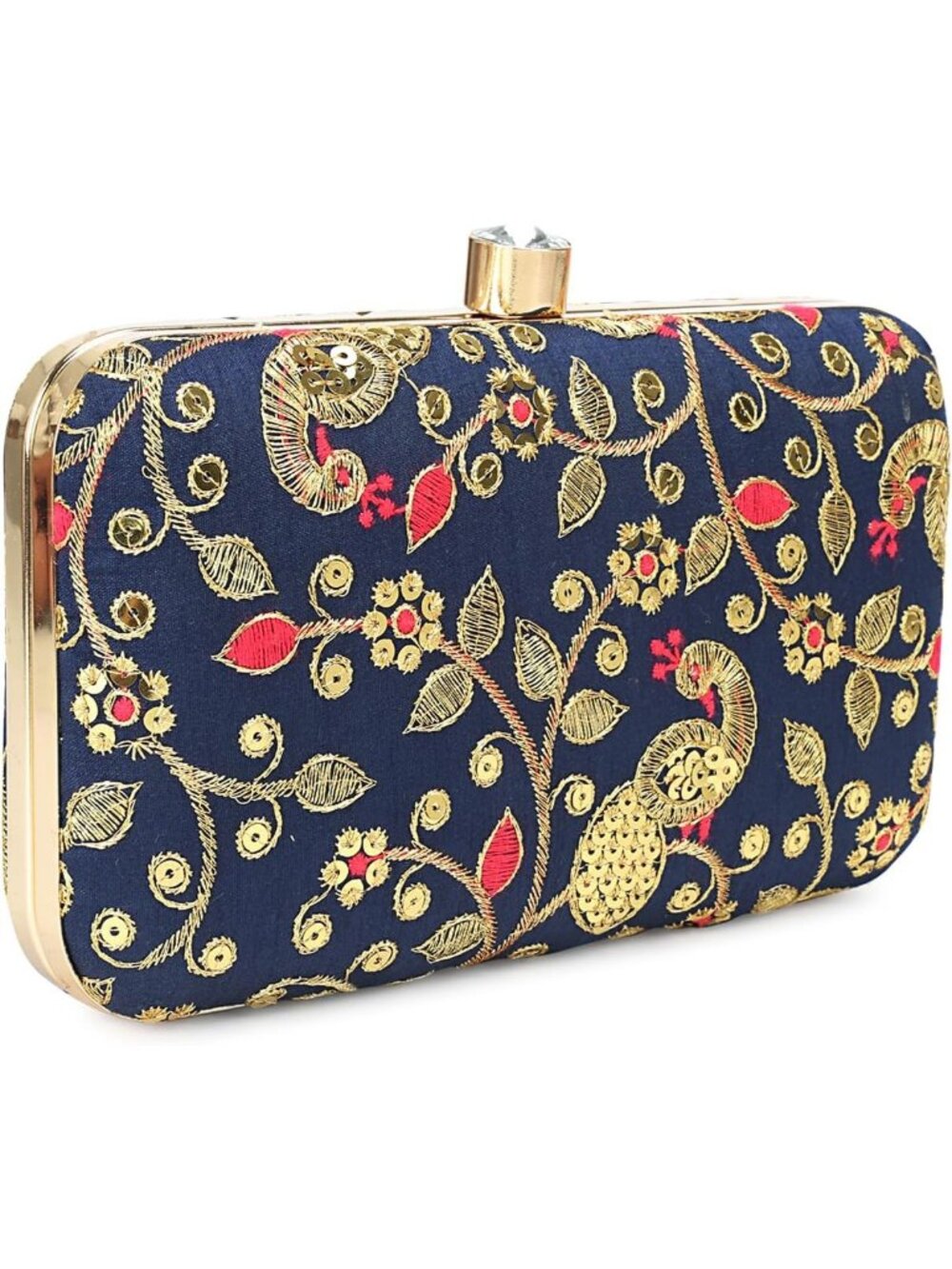 Women's Blue Golden Handcrafted Designer Box Clutch Embroidery Evening Bag